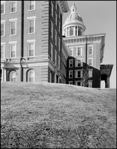 Exterior side view of the St. Louis County Insane Asylum.